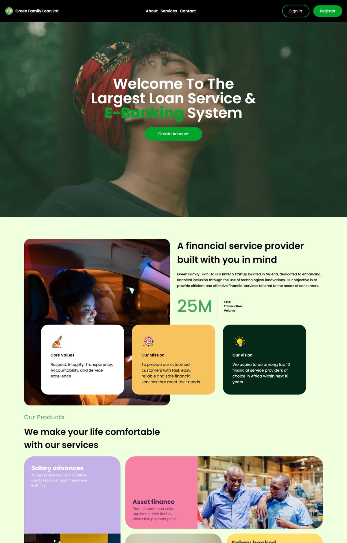 Screenshot of the Green Family Loan website
